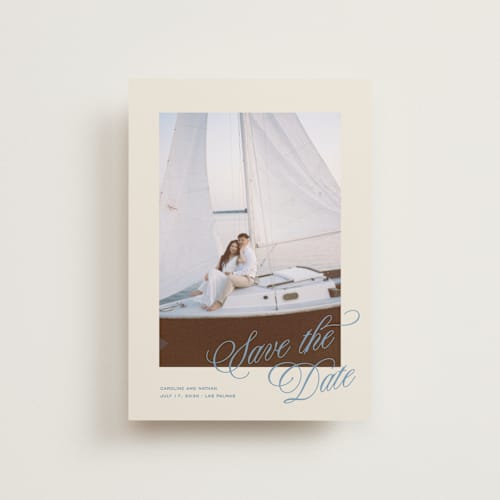 This is a capri petite save the dates with standard by Creo Study called classic contemporary printing on recycled smooth signature in petite