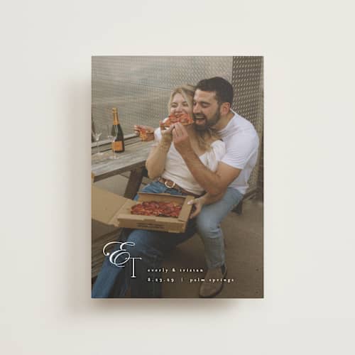 This is a quartz petite save the dates with standard by Kristie Kern called whispered printing on recycled smooth signature in petite