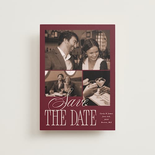 This is a plum petite save the dates with standard by Brianne Larsen called elegant three printing on recycled smooth signature in petite