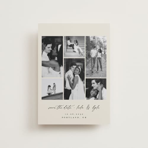 This is a cream petite save the dates with standard by Angela Thompson called merry modern printing on recycled smooth signature in petite