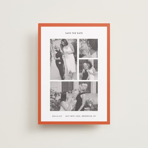 This is a crimson petite save the dates with standard by Wendy Chung called classic collage printing on recycled smooth signature in petite