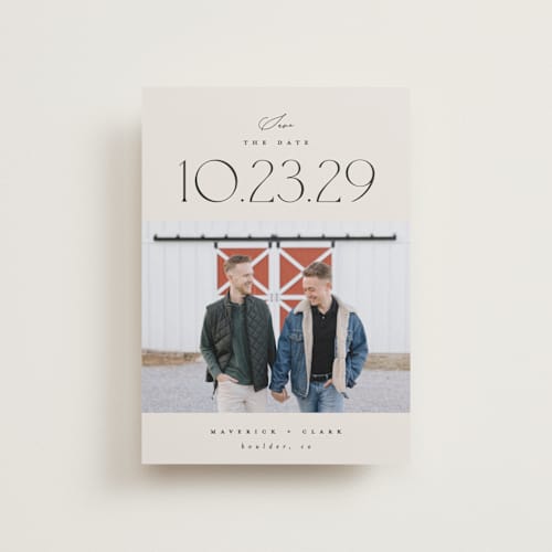 This is a ivory petite save the dates with standard by Carolyn Nicks called romancing the date printing on recycled smooth signature in petite
