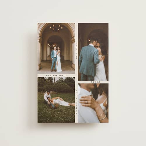 This is a ecru petite save the dates with standard by Morgan Kendall called grid printing on recycled smooth signature in petite