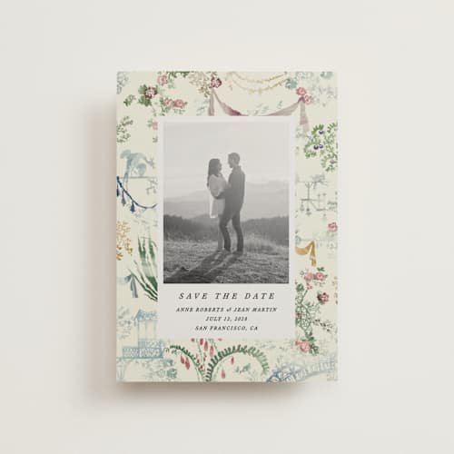 This is a nouvelle petite save the dates with standard by Sumak Studio called chinoiserie printing on recycled smooth signature in petite