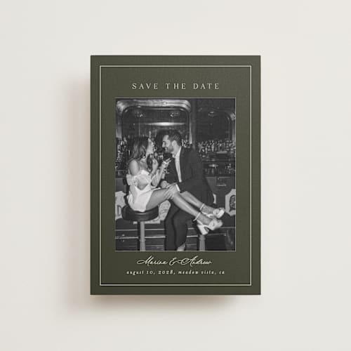 This is a olive petite save the dates with standard by Nicole Walsh called refined printing on recycled smooth signature in petite