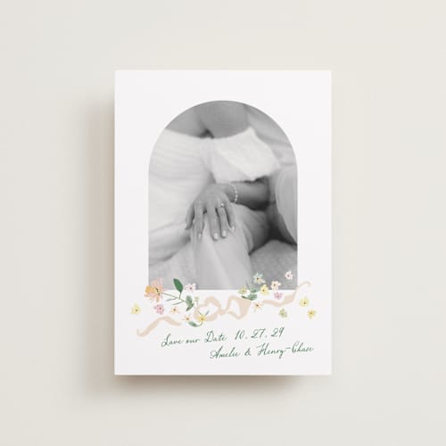 This is a spring petite save the dates with standard by Phrosné Barwood called spring draped garland printing on recycled smooth signature in petite