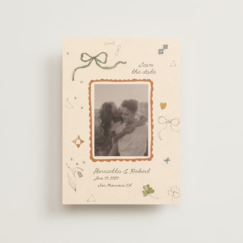 This is a magic petite save the dates with standard by Sumak Studio called pure magic printing on recycled smooth signature in petite