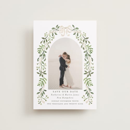 This is a sage petite save the dates with standard by Sarah Knight called greenery crest printing on recycled smooth signature in petite