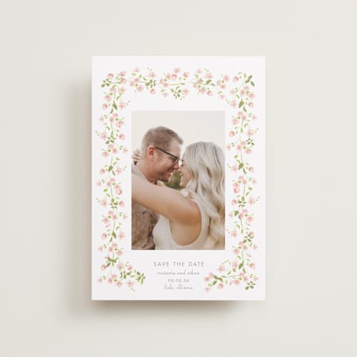 This is a peony petite save the dates with standard by Baumbirdy called rosebud printing on recycled smooth signature in petite