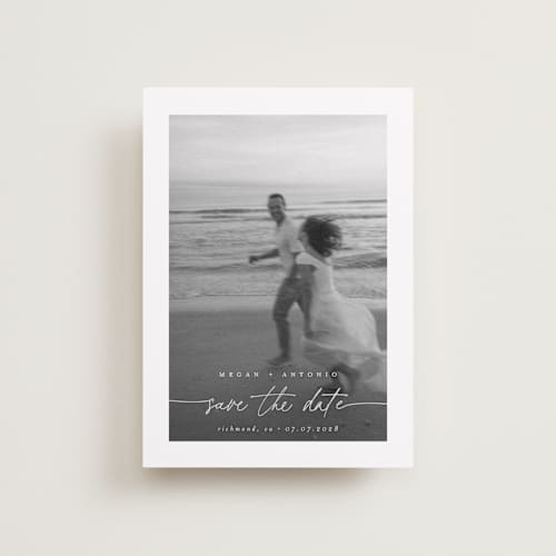 This is a ivory petite save the dates with standard by Pippa Shaw called gaussian printing on recycled smooth signature in petite