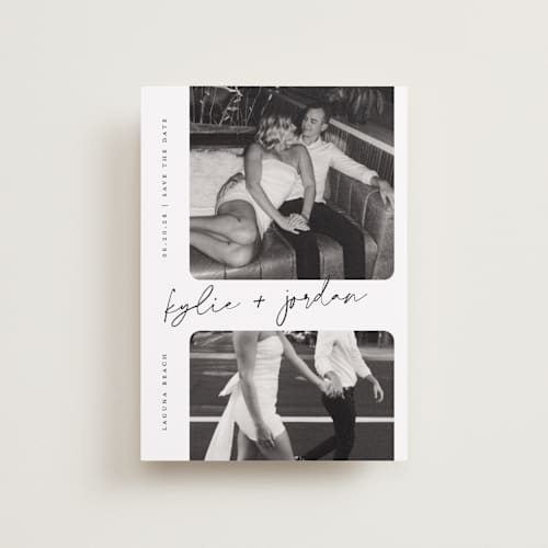 This is a snow petite save the dates with standard by Sarah Curry called signature snapshots printing on recycled smooth signature in petite