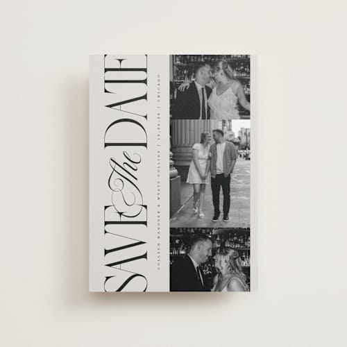 This is a stone petite save the dates with standard by Laura Hankins called sideline printing on recycled smooth signature in petite