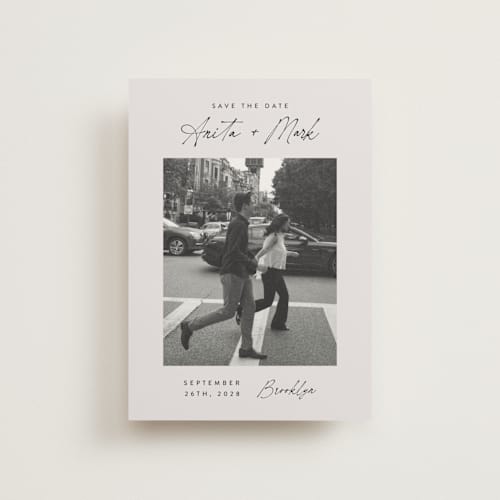 This is a eggshell petite save the dates with standard by Paper Raven Co. called moment in time printing on recycled smooth signature in petite