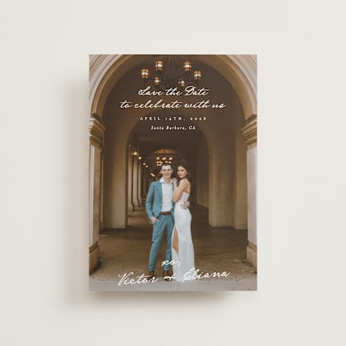 This is a ivory petite save the dates with standard by Alethea and Ruth called celebration xo printing on recycled smooth signature in petite