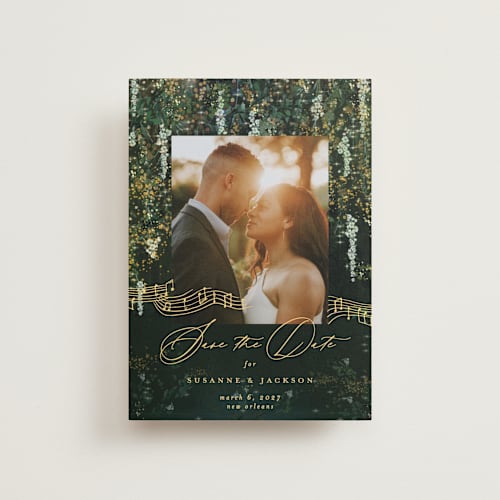 This is a mystic petite save the dates with standard by Phrosné Barwood called new orleans printing on recycled smooth signature in petite