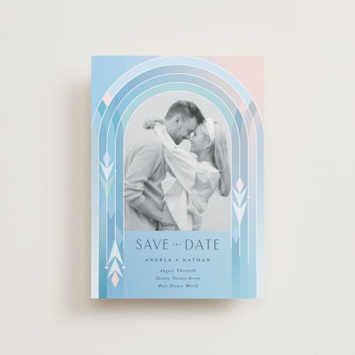 This is a aqua petite save the dates with standard by Lori Wemple called frozen printing on recycled smooth signature in petite