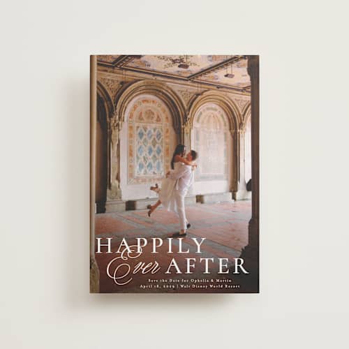 This is a magic petite save the dates with standard by Kelly Schmidt called disney's cinderella castle printing on recycled smooth signature in petite
