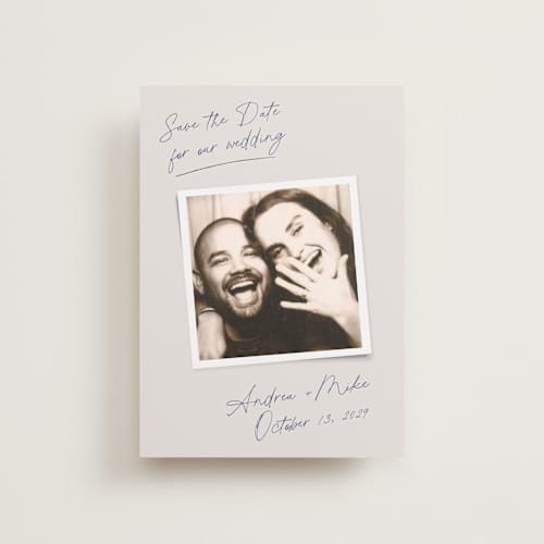 This is a mist petite save the dates with standard by Side Note Design called candid ink printing on recycled smooth signature in petite