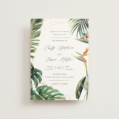 This is a tropical petite wedding invitations with foil pressed by Elly called our paradise printing on signature in petite
