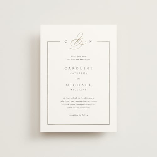 This is a silk petite wedding invitations with foil pressed by Kelly Schmidt called framed monogram printing on signature in petite