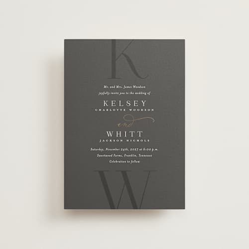 This is a stormy petite wedding invitations with foil pressed by Jessica Williams called over monogram printing on signature in petite