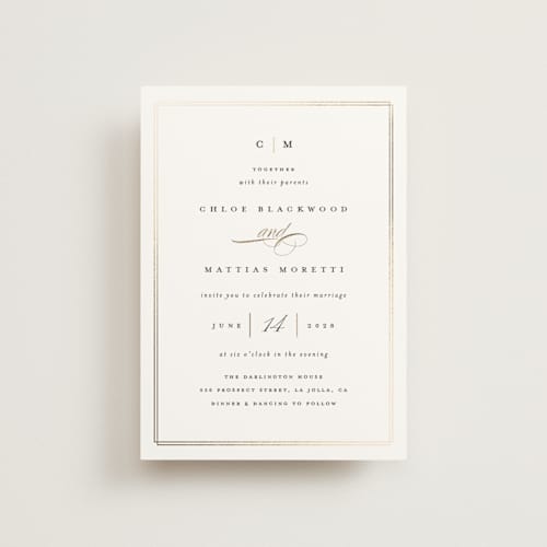 This is a linen petite wedding invitations with foil pressed by Erica Krystek called timeless printing on signature in petite