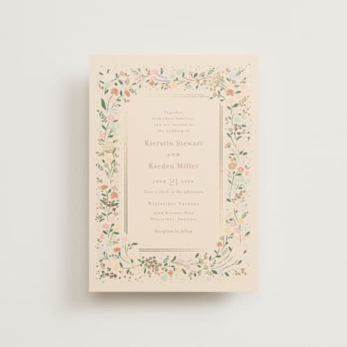 This is a ivory petite wedding invitations with foil pressed by Jennifer Wick called esther's garden printing on signature in petite