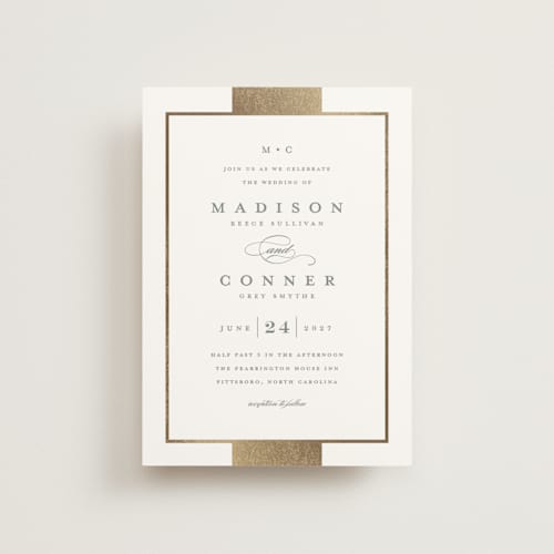 This is a slate petite wedding invitations with foil pressed by Stacey Meacham called refined style printing on signature in petite