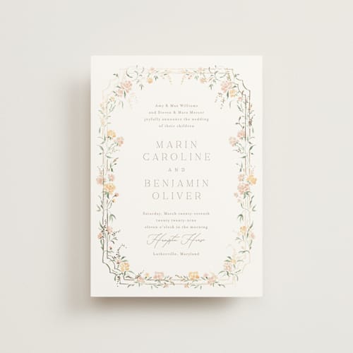 This is a golden summer petite wedding invitations with foil pressed by Erin L. Wilson called victorian trellis printing on signature in petite