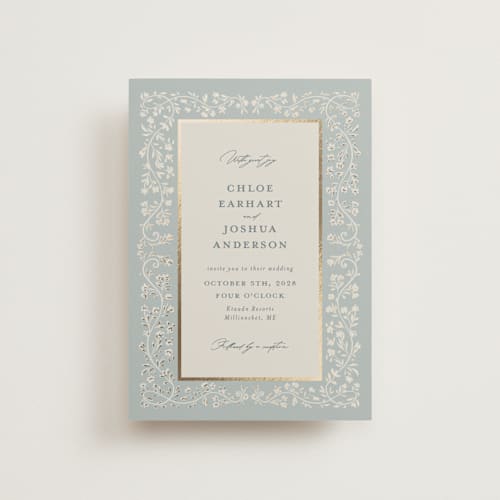 This is a something blue petite wedding invitations with foil pressed by Gwen Bedat called floral romance printing on signature in petite