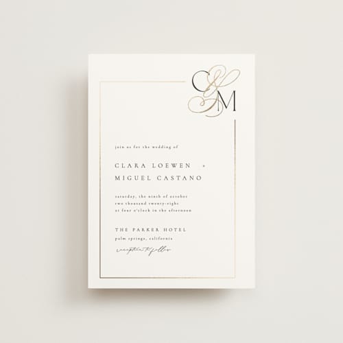 This is a silk petite wedding invitations with foil pressed by Kelly Schmidt called golden ampersand printing on signature in petite