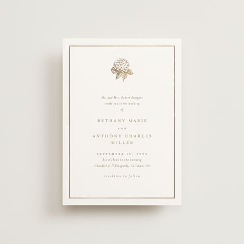 This is a cotton petite wedding invitations with foil pressed by Stacey Meacham called hydrangea bloom printing on signature in petite