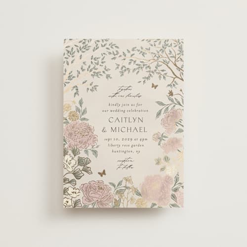This is a blush meadow petite wedding invitations with foil pressed by Grae called dancing in the garden printing on signature in petite