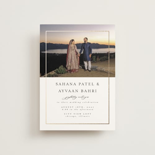 This is a pearl petite wedding invitations with foil pressed by Nicole Walsh called gilded frame printing on signature in petite