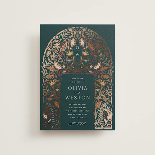 This is a deep sea petite wedding invitations with foil pressed by Erin German called autumnal arch printing on signature in petite