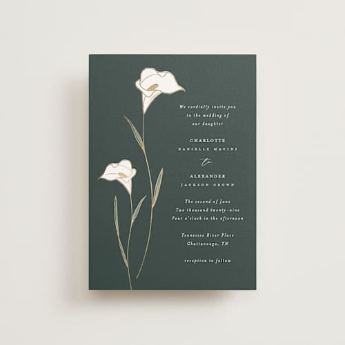 This is a forest petite wedding invitations with foil pressed by Stacey Meacham called elegant lillies printing on signature in petite
