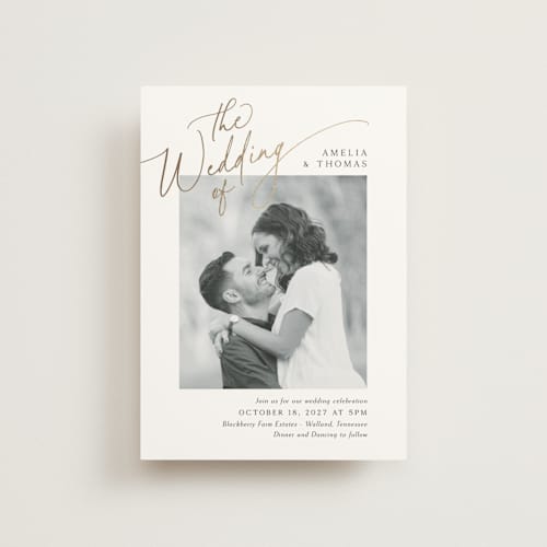 This is a marshmallow petite wedding invitations with foil pressed by Kaydi Bishop called the wedding printing on signature in petite