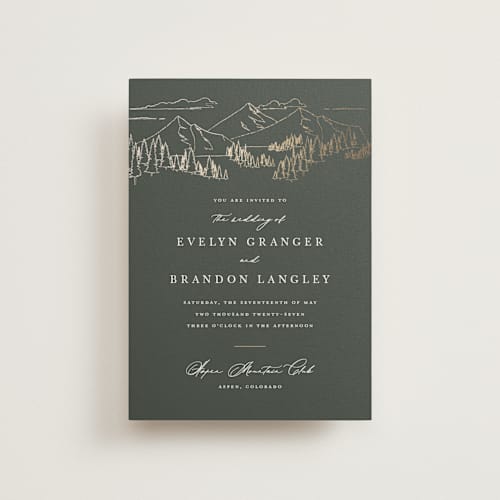 This is a hunter petite wedding invitations with foil pressed by Sarah Brown called peaks printing on signature in petite