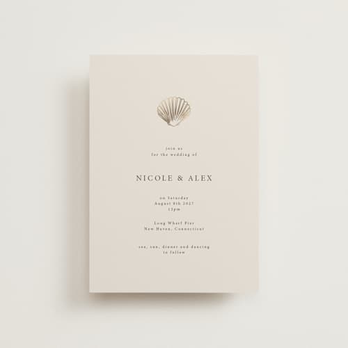 This is a sand petite wedding invitations with foil pressed by Hannah Bowman called simple seashell printing on signature in petite