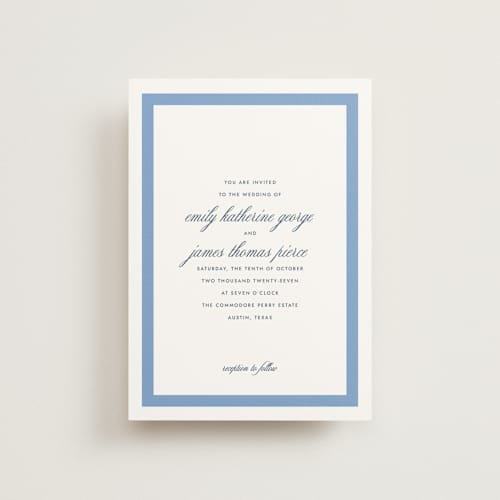 This is a blue bell petite wedding invitations with standard by Megan Davis called montauk printing on signature in petite
