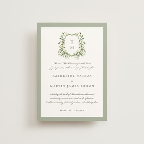 This is a sage petite wedding invitations with standard by Sarah Knight called greenery crest printing on signature in petite