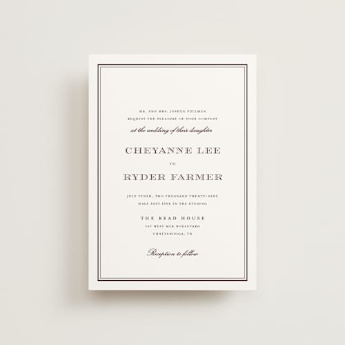 This is a burgundy petite wedding invitations with standard by Stacey Meacham called engraved names printing on signature in petite