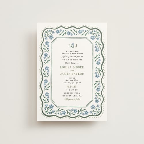 This is a periwinkle petite wedding invitations with standard by Alethea and Ruth called sweet vintage printing on signature in petite