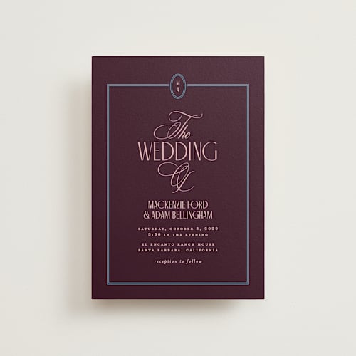 This is a plum petite wedding invitations with standard by Owl and Toad called sophisticate printing on signature in petite