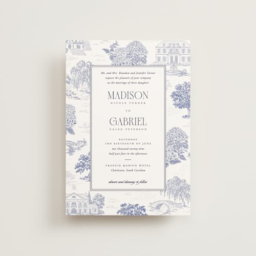 This is a periwinkle petite wedding invitations with standard by Jenna Holcomb called southern charm toile printing on signature in petite