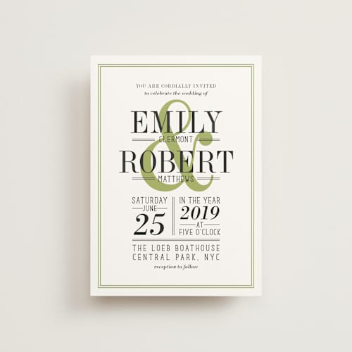 This is a moss petite wedding invitations with standard by Ariel Rutland called wed in type printing on signature in petite