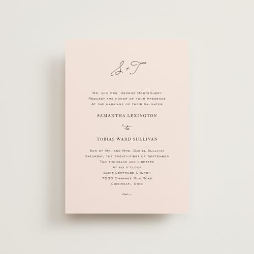 This is a blush petite wedding invitations with standard by Kim Dietrich Elam called estate printing on signature in petite