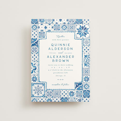 This is a navy petite wedding invitations with standard by Anastasia Makarova called watercolor tile printing on signature in petite
