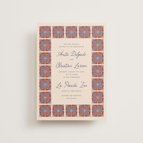 This is a terracotta petite wedding invitations with standard by Katharine Watson called block print tile printing on signature in petite