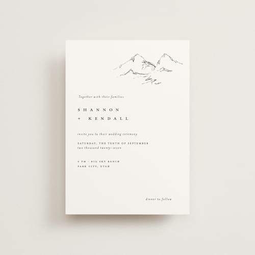 This is a snow petite wedding invitations with standard by Mere Paper called sketched mountains printing on signature in petite
